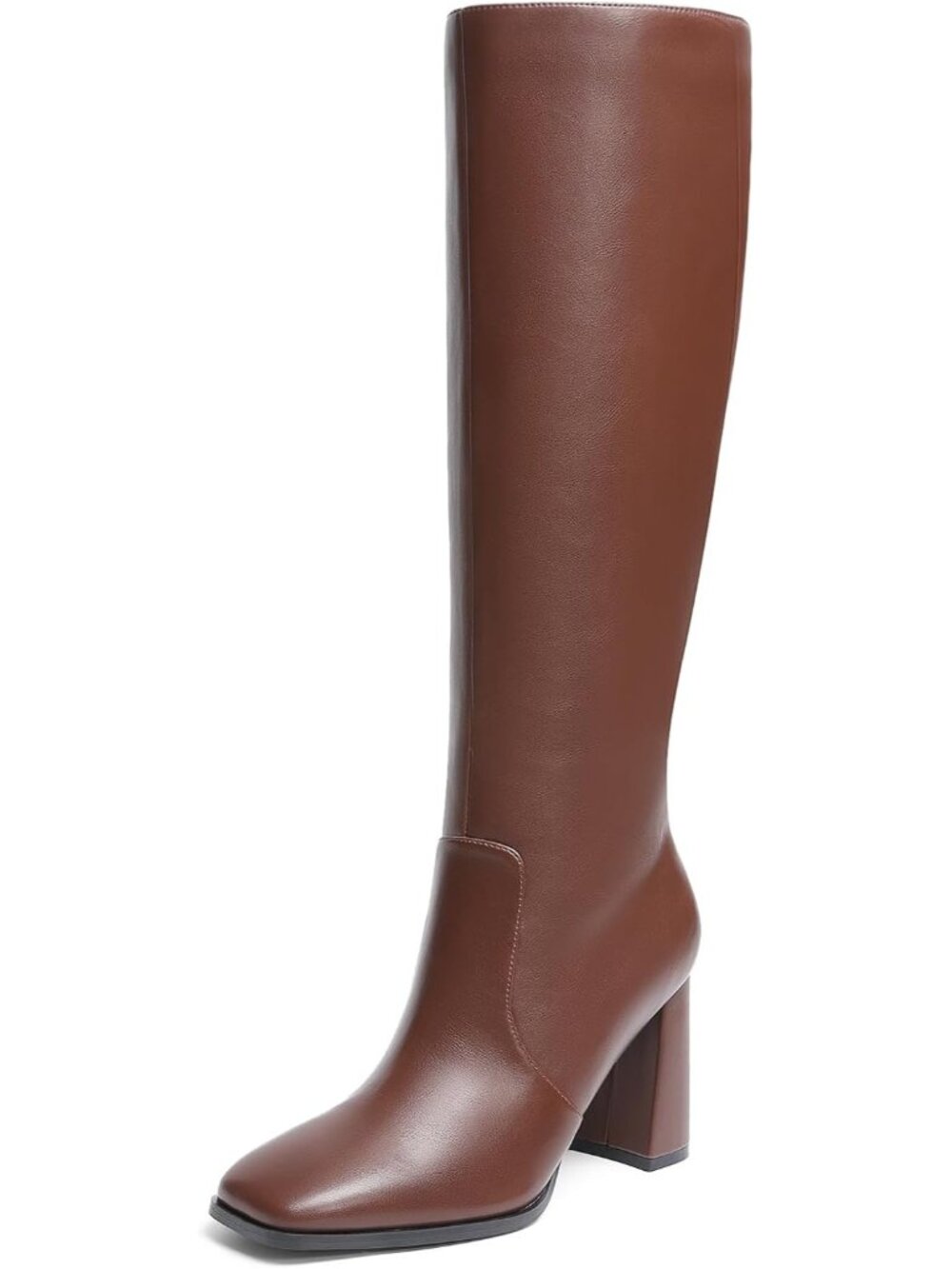 DREAM PAIRS Women's Brown Knee High Chunky Gogo Boots Square Toe Side Zipper